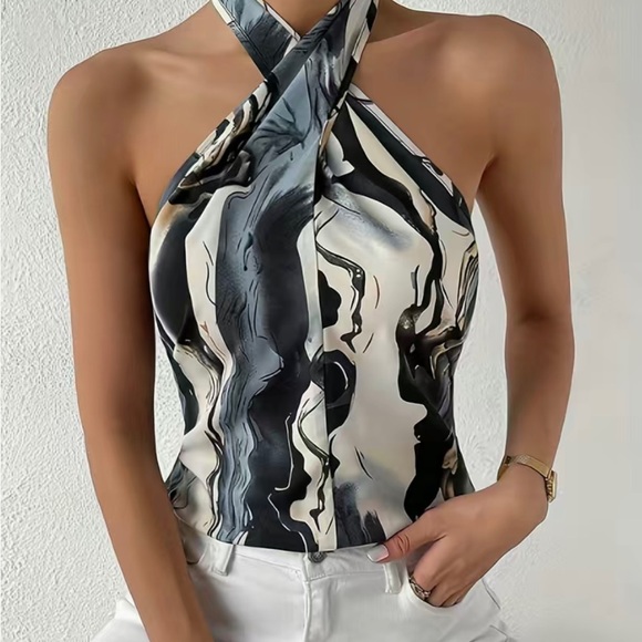 Marble Halter Top Gray Black White Summer Large - Picture 1 of 4